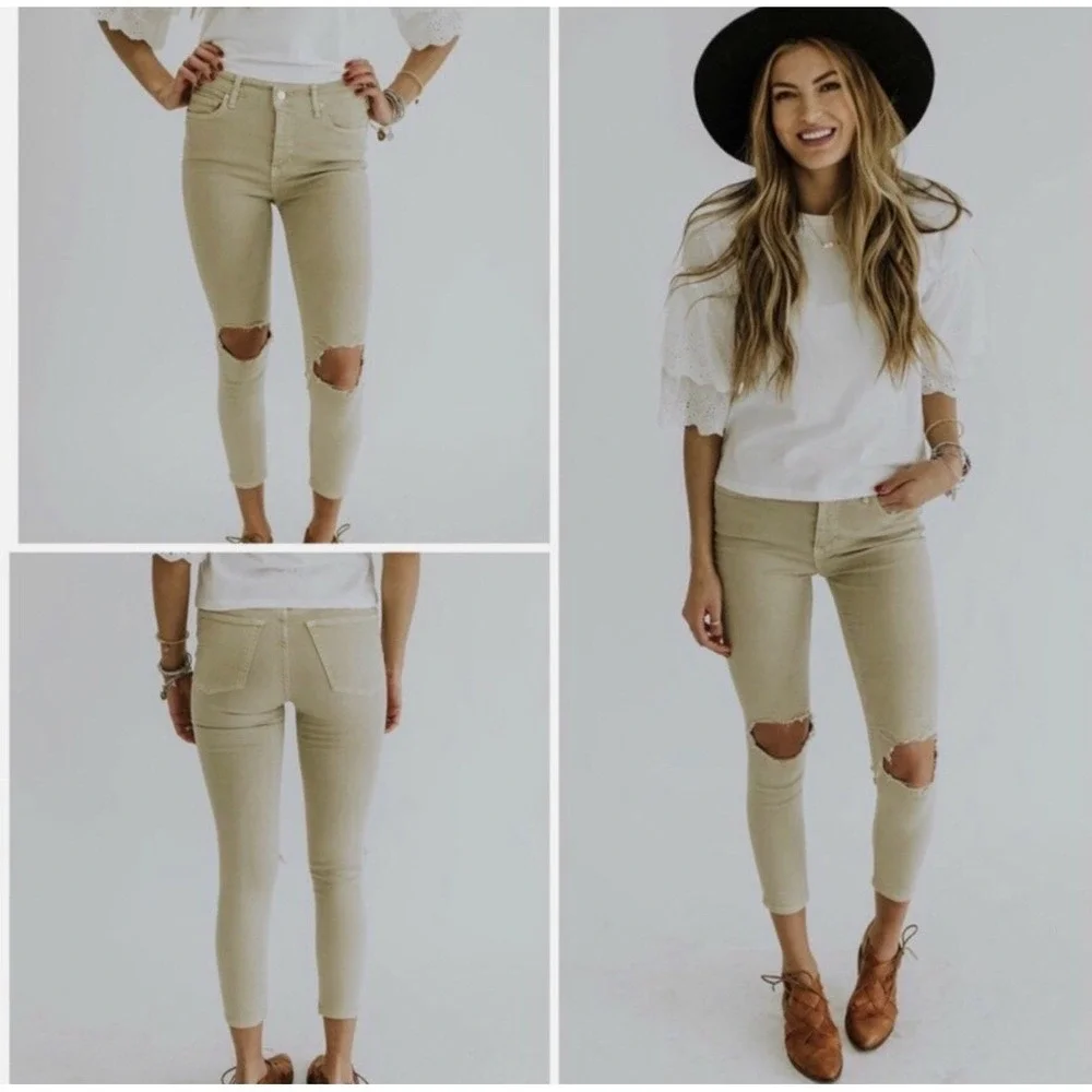 Free People Womens High Rise Busted Distressed Skinny Jeans Khaki‎ Tan size 27 - Picture 4 of 9